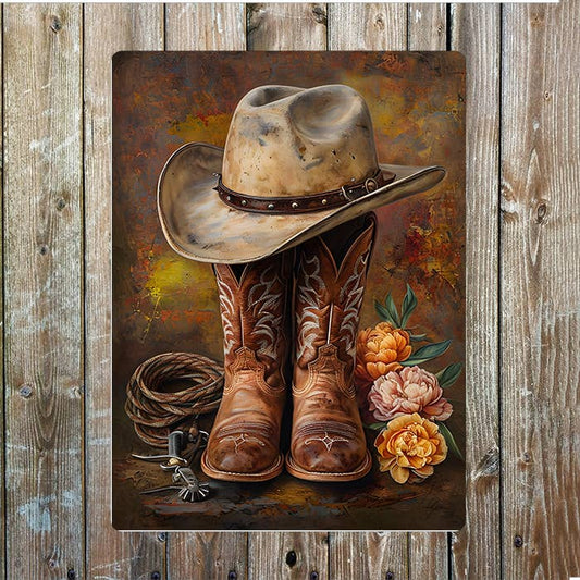 Boots Hat Flowers Cowboy Western | Metal Sign Plaque