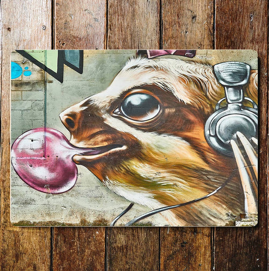 Cartoon Cow Headphones Tongue | Metal Sign Plaque