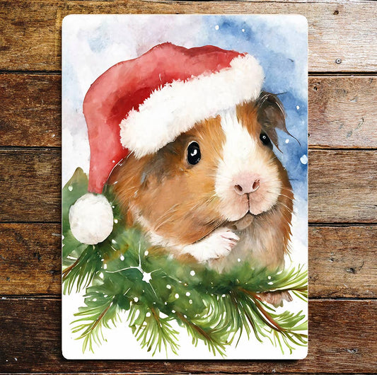 Guinea Pig Christmas Hat Art | Metal Sign Plaque