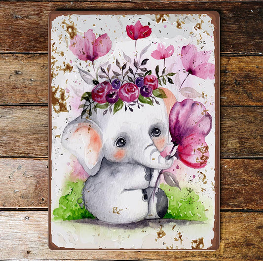 watercolour baby elephant flowers | Metal Wall Sign Plaque