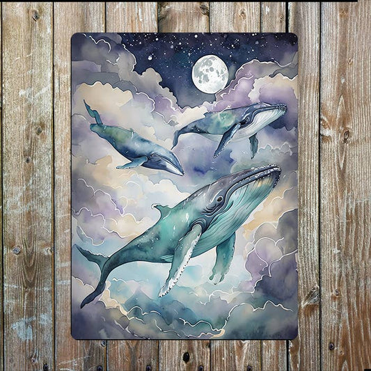 Watercolor Whales In Sky Sea Nautical | Metal Sign Plaque