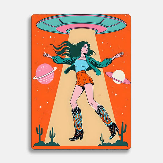 Pop Art Cowgirl Planets UFO Alien Metal Sign Plaque