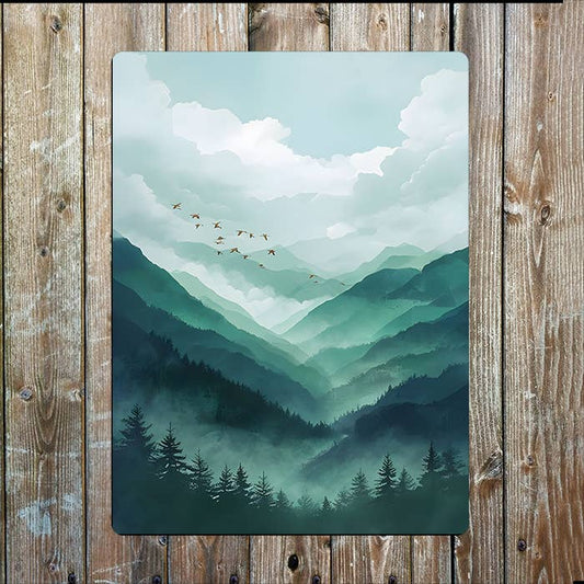 Serene Landscape Mountains Forest Metal Sign Plaque