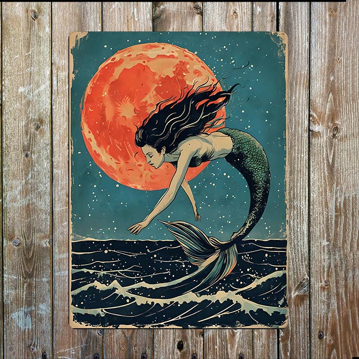 Mermaid Diving Moon Sea Nautical | Metal Sign Plaque