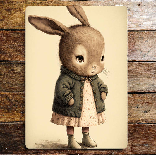 Cute Sad Rabbit Girl Dress | Metal Sign Plaque
