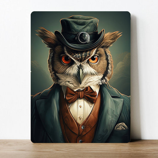 Smart Owl in Suit and Bow tie | Metal Sign Plaque