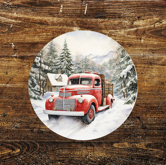 Vintage Christmas Scene Red Pickup Circle Metal Sign