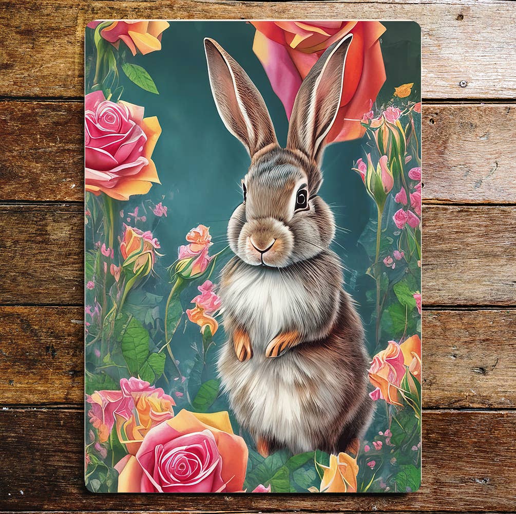 Rabbit Sitting in Pink & Yellow Roses Metal Sign Plaque