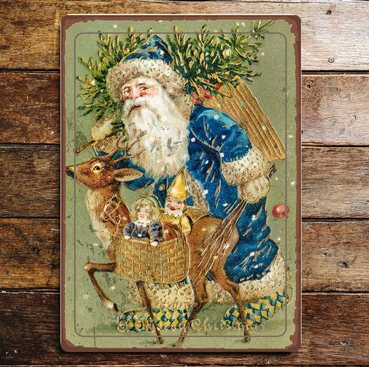 Santa Reindeer Blue Christmas Vintage Metal Wall Sign