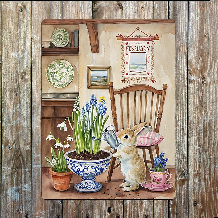 Rabbit Flowers Kitchen Watercolour Spring Metal Sign Plaque