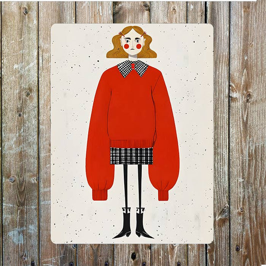 Women Oversize Red Sweater And Skirt | Metal Sign Plaque
