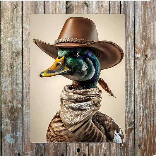 Duck In Western Outfit Cowboy Western Art | Metal Sign Plaque