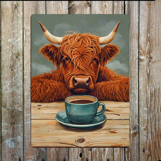 Highland Cow Watching His Coffee Tea | Metal Sign Plaque