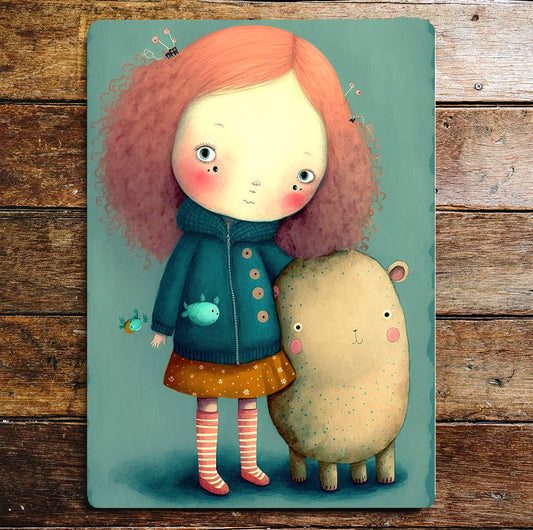 Young Girl Red Hair Stripy Socks & Lamb | Metal Sign Plaque