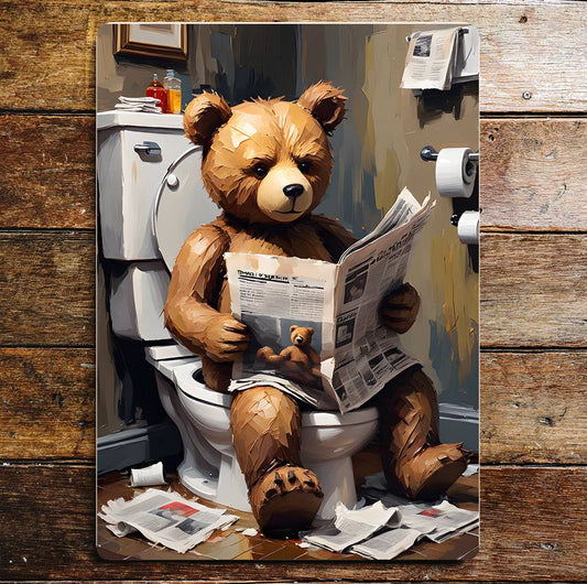 Cute Teddy Bear On the Toilet, Bathroom | Metal Sign