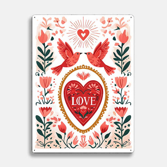 Love Heart Birds Floral scandinavian folk | Metal Sign Plaque
