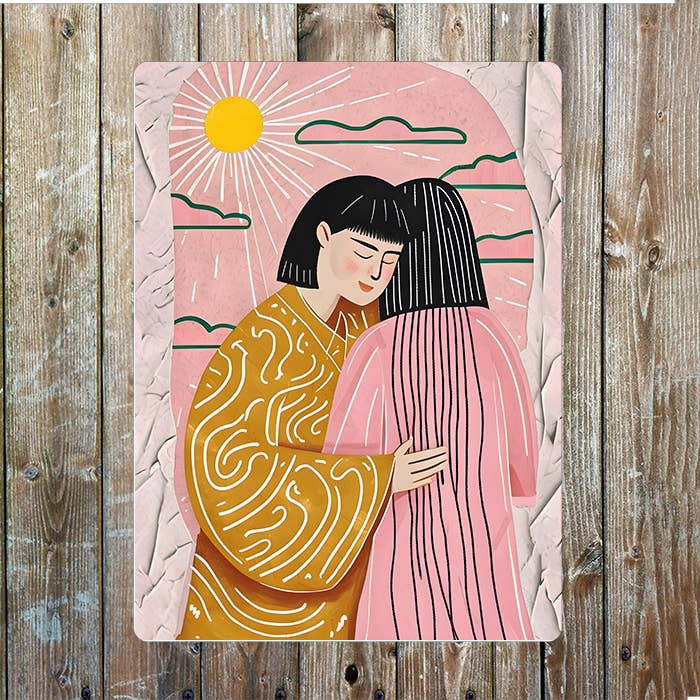 Illustration Of Two Figures Embracing Sun | Metal Sign Plaque