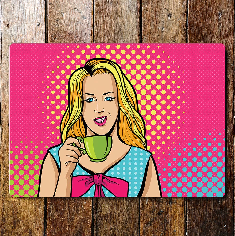 Blonde Cartoon Girl Drinking Tea Coffee | Metal Sign plaque