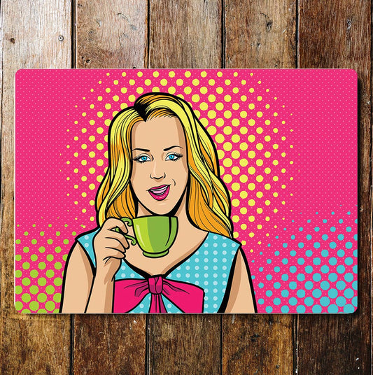 Blonde Cartoon Girl Drinking Tea Coffee | Metal Sign plaque