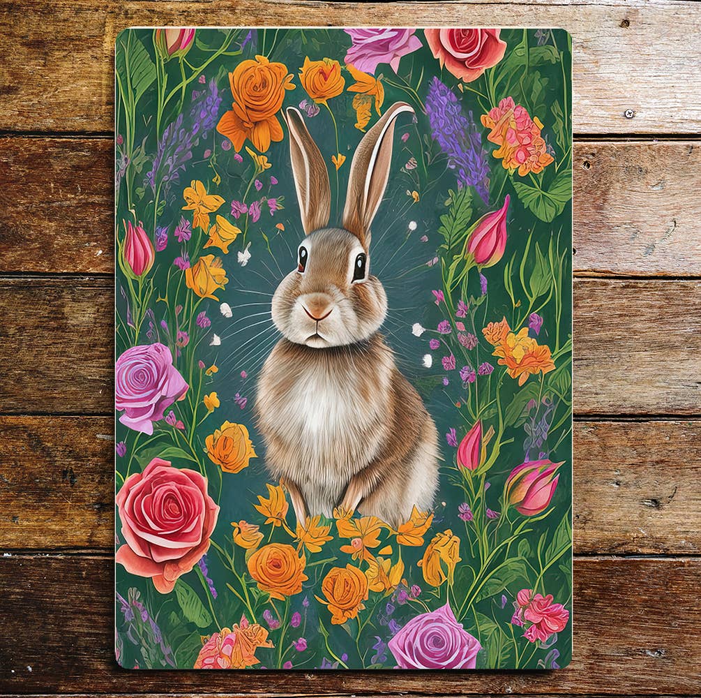 Rabbit yellow pink roses meadowEasterr Metal Sign