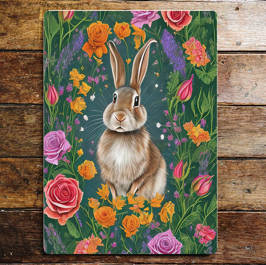 Rabbit yellow pink roses meadowEasterr Metal Sign