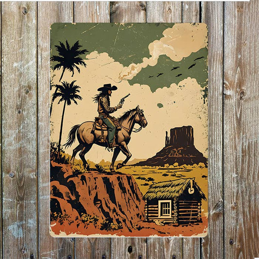 Vintage Illustration Cowboy Horse Western | Metal Sign Plaque