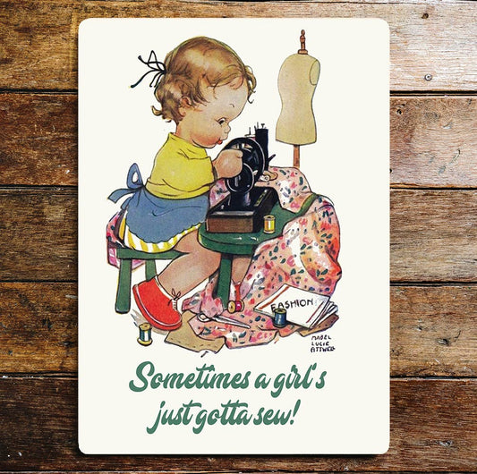 Young Girl Sewing Machine | Fashion| Metal Sign plaque