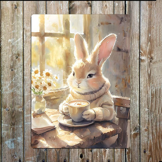 Bunny Rabbit Enjoying Coffee | Metal Sign Plaque