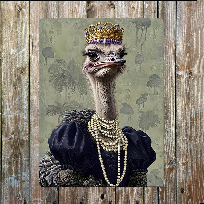 Ostrich wearing Jewelry and Headpiece | Metal Sign Plaque