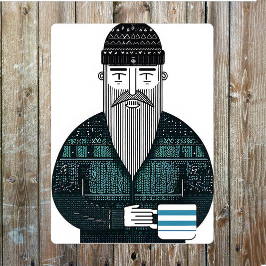 Beard Man Cozy Jumper Holding Coffee Mug | Metal Sign Plaque