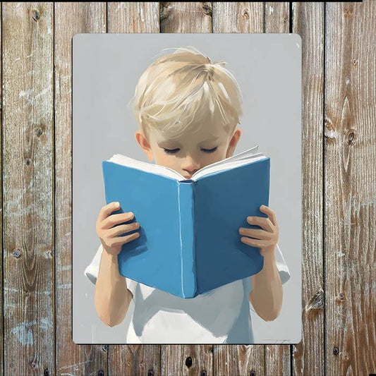 Boy Child Reading Blue Book | Metal Sign Plaque