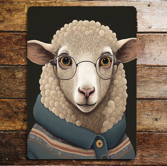Sheep With Glasses Portrait Head Metal Sign Plaque