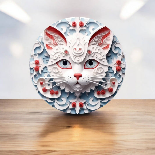 White Cat Christmas Decoration Circle Metal Sign