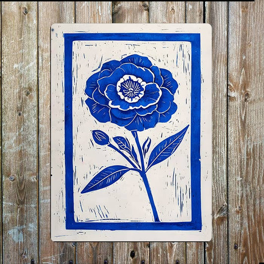 Blue Flower Linocut Style | Metal Sign Plaque