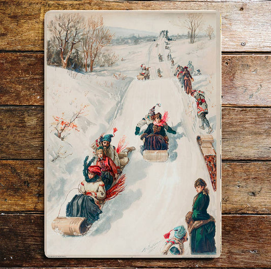 Vintage Families At Play Sledging Snow | Metal Sign Plaque