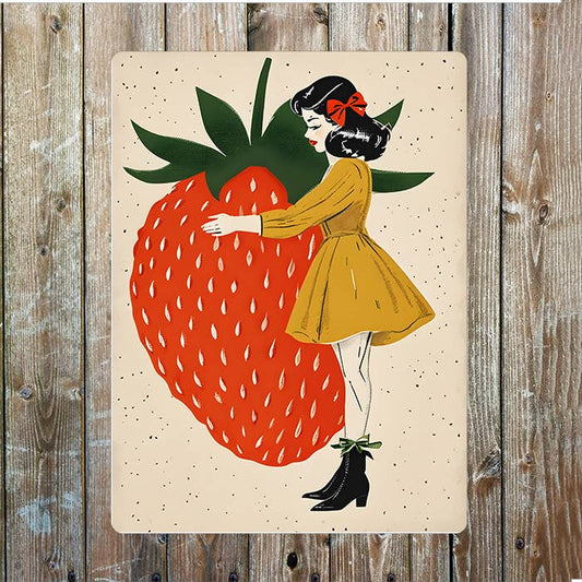 Woman Embracing Large Strawberry | Metal Sign Plaque