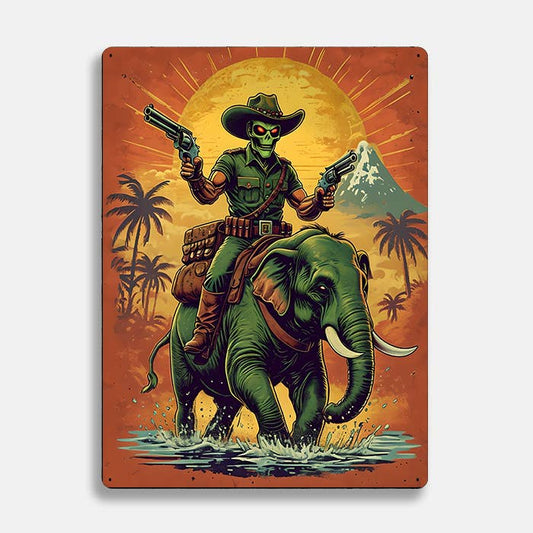 Alien Cowboy Riding Elephant Sun UFO Alien | Metal Sign Plaque