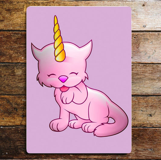 Cute Little Cat Unicorn Pink | Metal Sign Plaque
