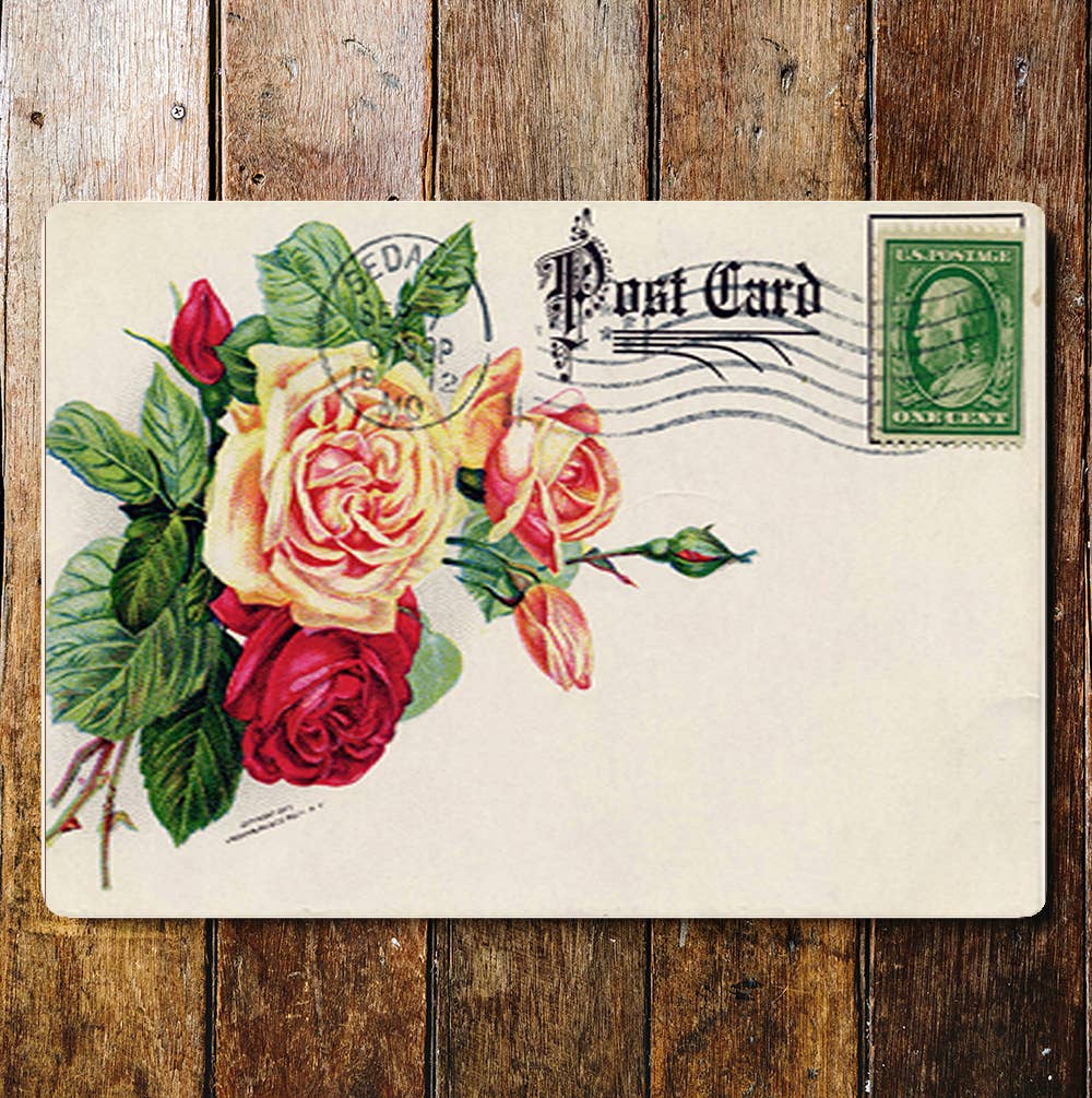 Postcard Roses Yellow Red Stamp Metal Wall Sign Plaque