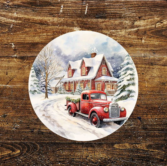 Vintage Christmas Scene Winter Snow Circle Metal Sign