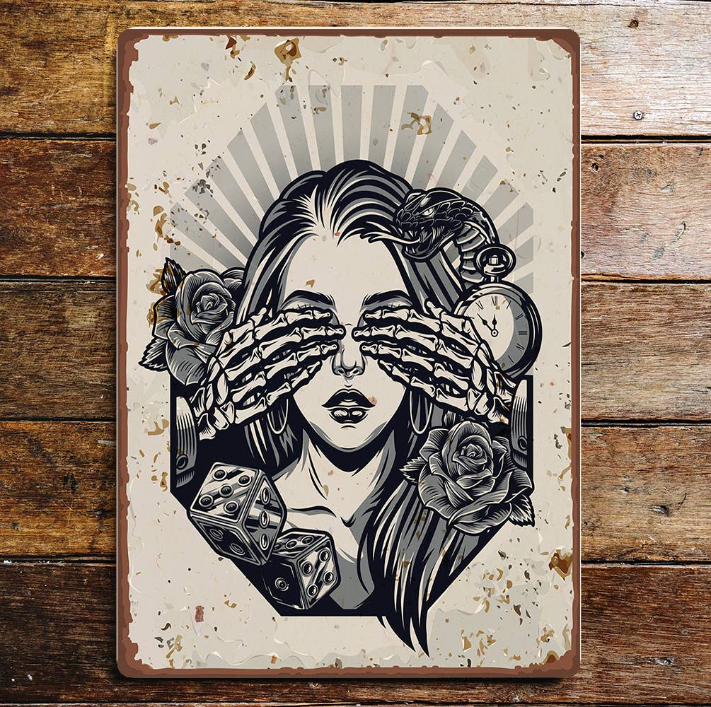 Skeleton Hand s Over Eyes Dice Rose Metal Sign Plaque