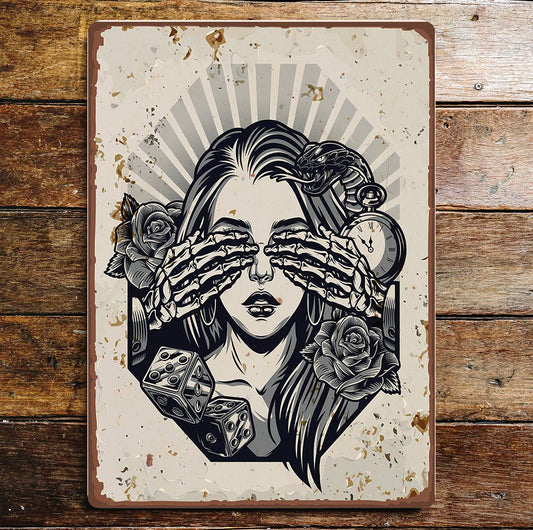 Skeleton Hand s Over Eyes Dice Rose Metal Sign Plaque