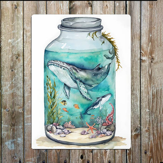 Watercolor Glass Jar Whale Sea Nautical | Metal Sign Plaque
