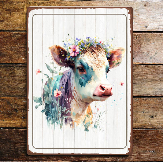 Multicoloured Cow Head Smiling Flowers | Metal Sign Plaque