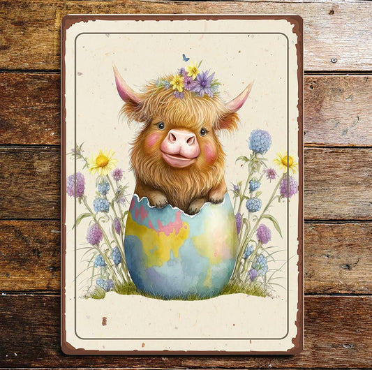 Highland Cow Cattle Easter Egg Spring | Metal Sign Plaque