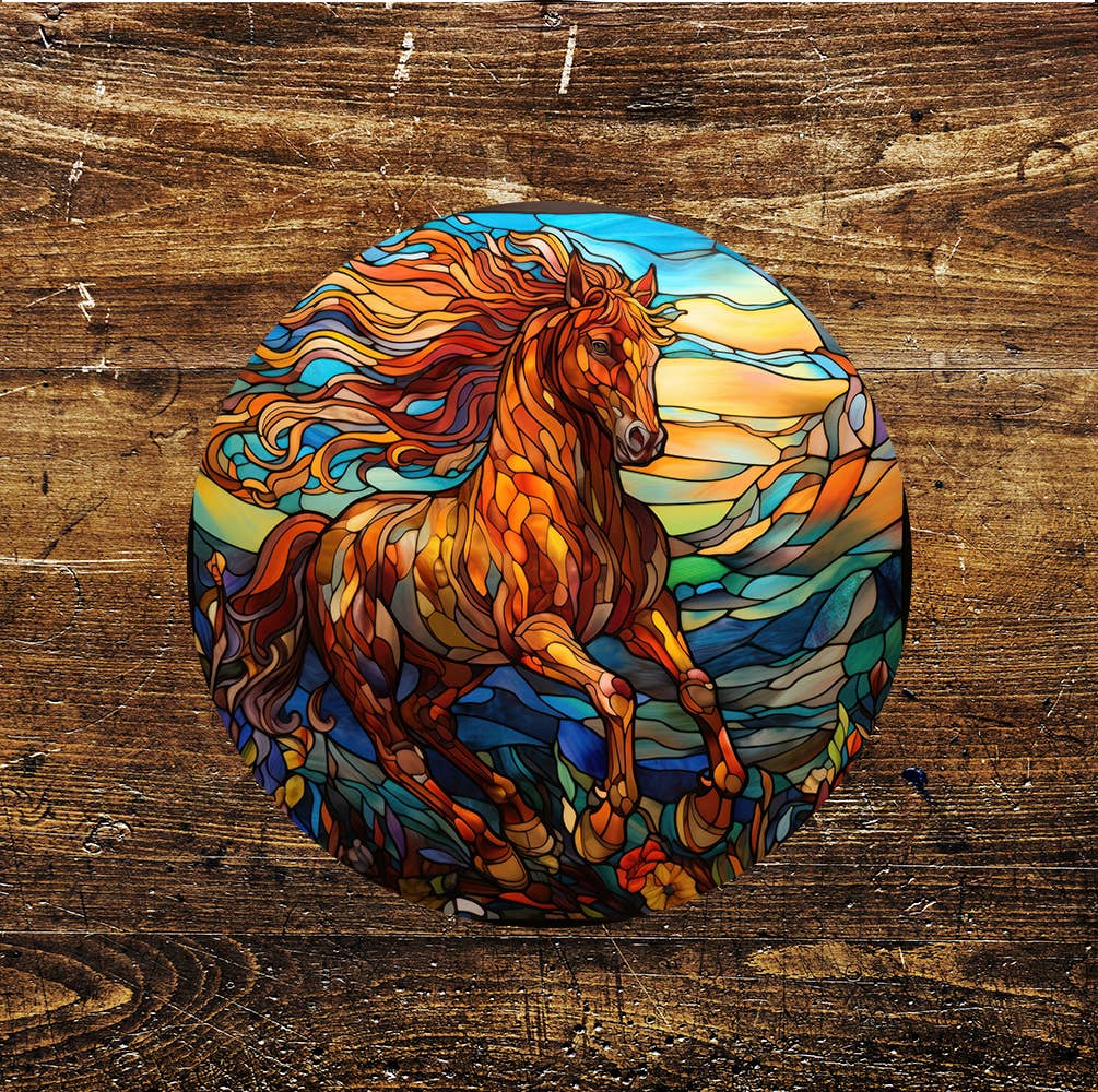Horse Red Mane Stained Glass Affect Circle Metal Sign