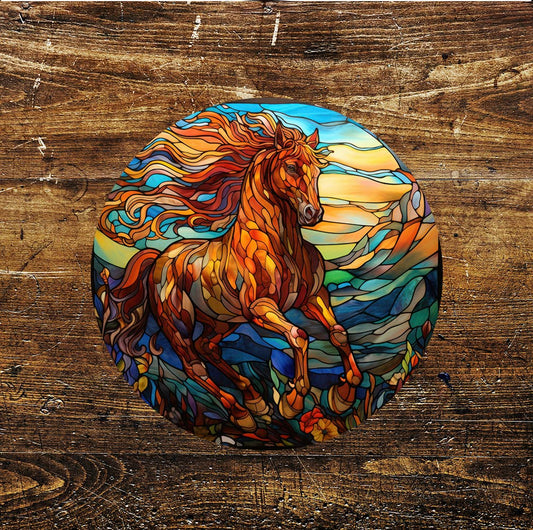 Horse Red Mane Stained Glass Affect Circle Metal Sign