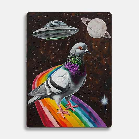 Colorful Pigeon In Cosmic Scene UFO Alien | Metal Sign Plaque
