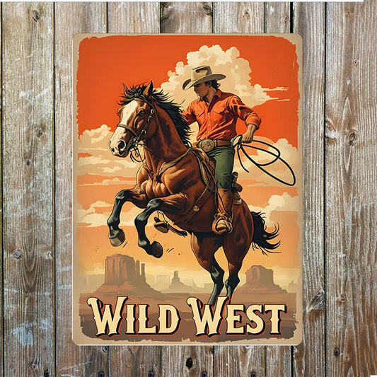 Riding Rearing Horse Cowboy Western Metal Sign Plaque