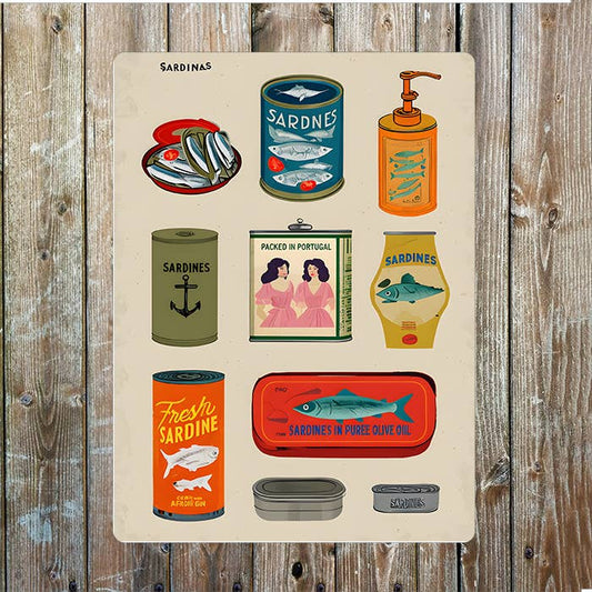 Nine Unique Sardine Fish Cans Tins | Metal Sign Plaque